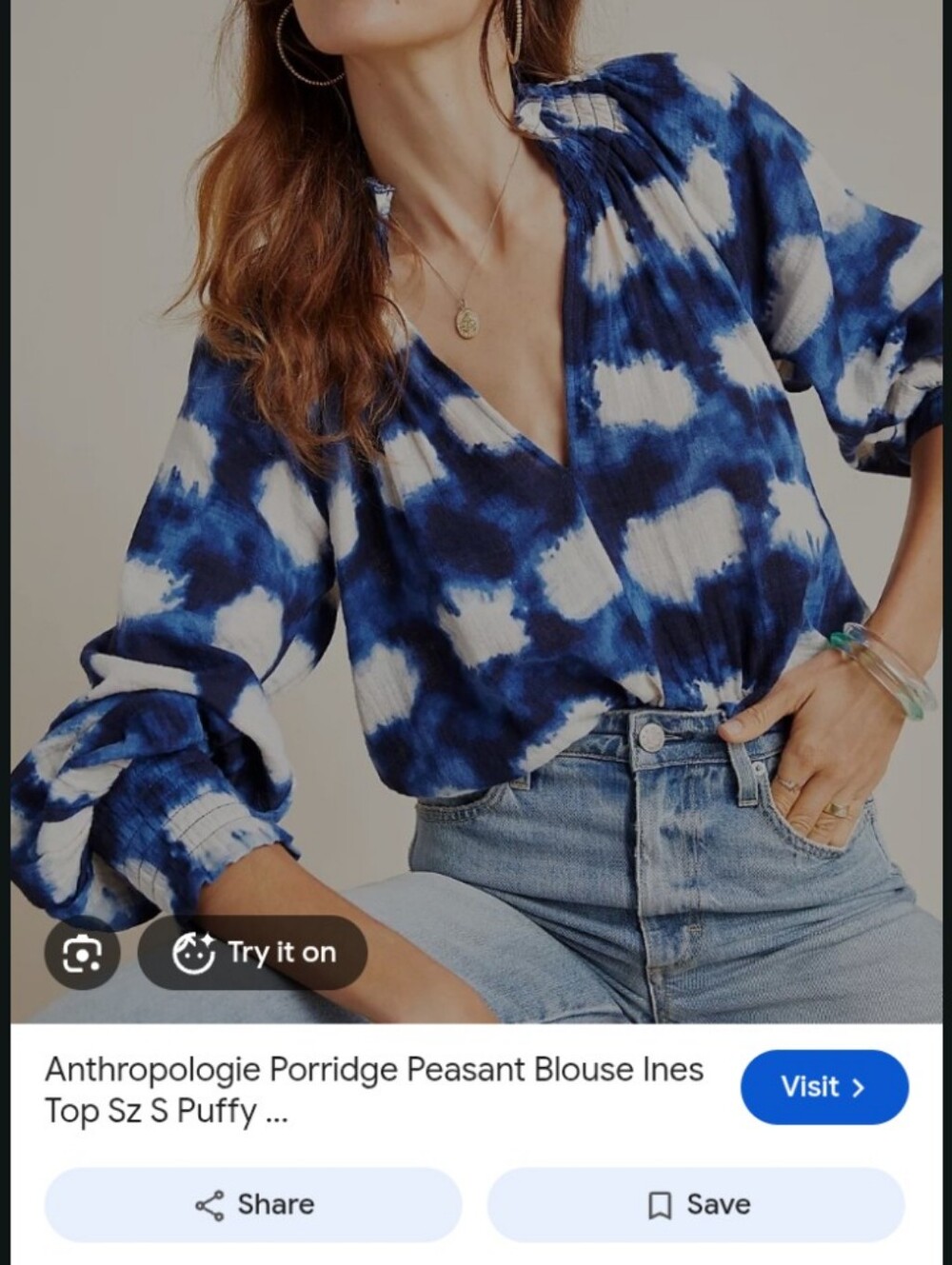Anthropologie Blue and White Tie-Dye Smocked Long Sleeve Top